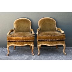 Vintage Velvet Fauteuil Chairs With Caterpillar Fringe