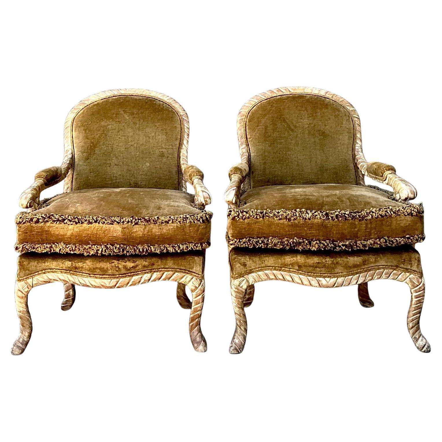 Vintage Velvet Fauteuil Chairs With Caterpillar Fringe For Sale