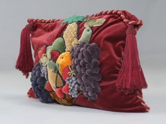 Vintage Folk-Art Velvet Fruit Motif Pillow Hand-Made in England by Sue
