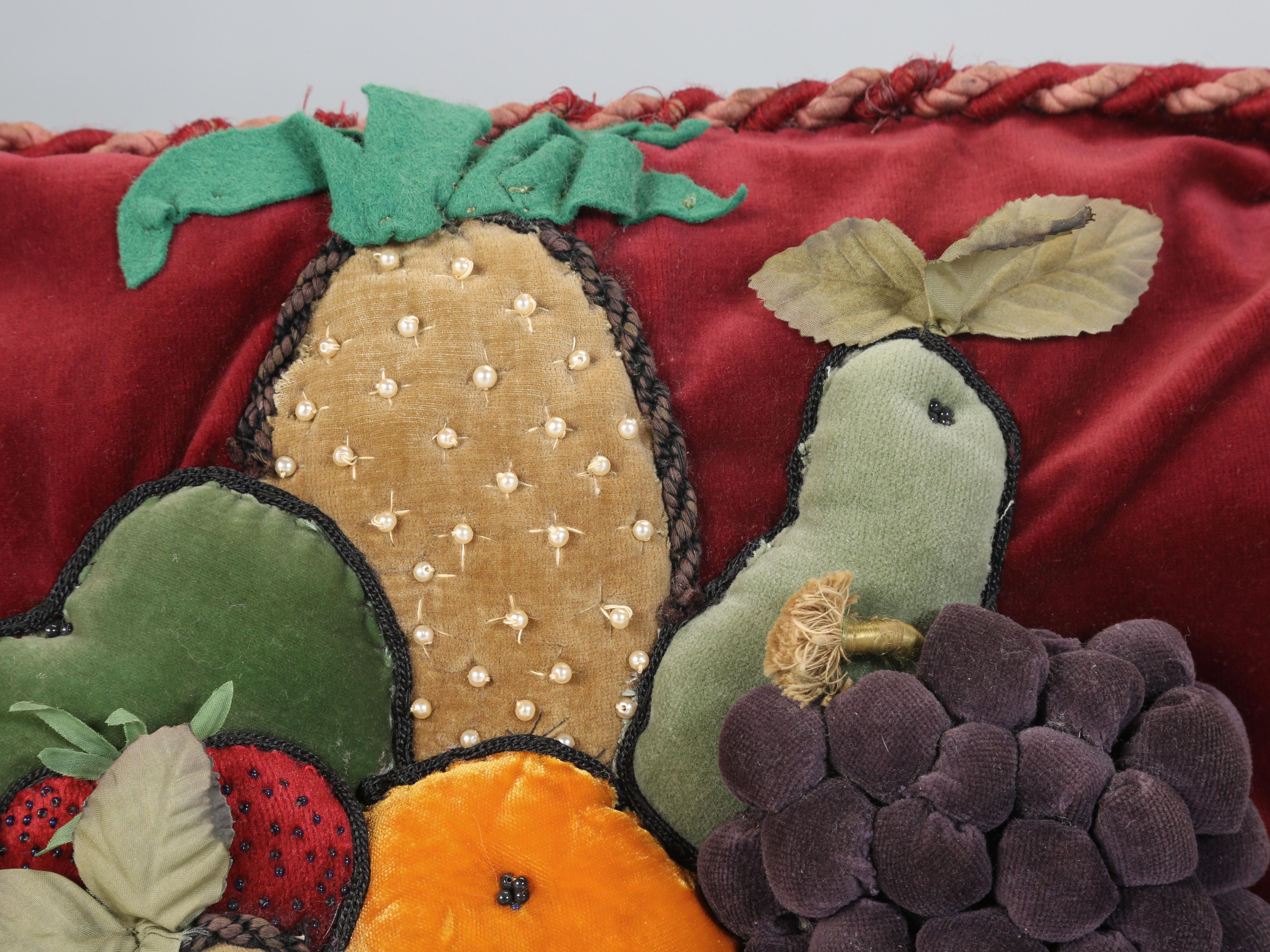Hand-Crafted Vintage Velvet Fruit Motif Pillow Hand-Made in England For Sale
