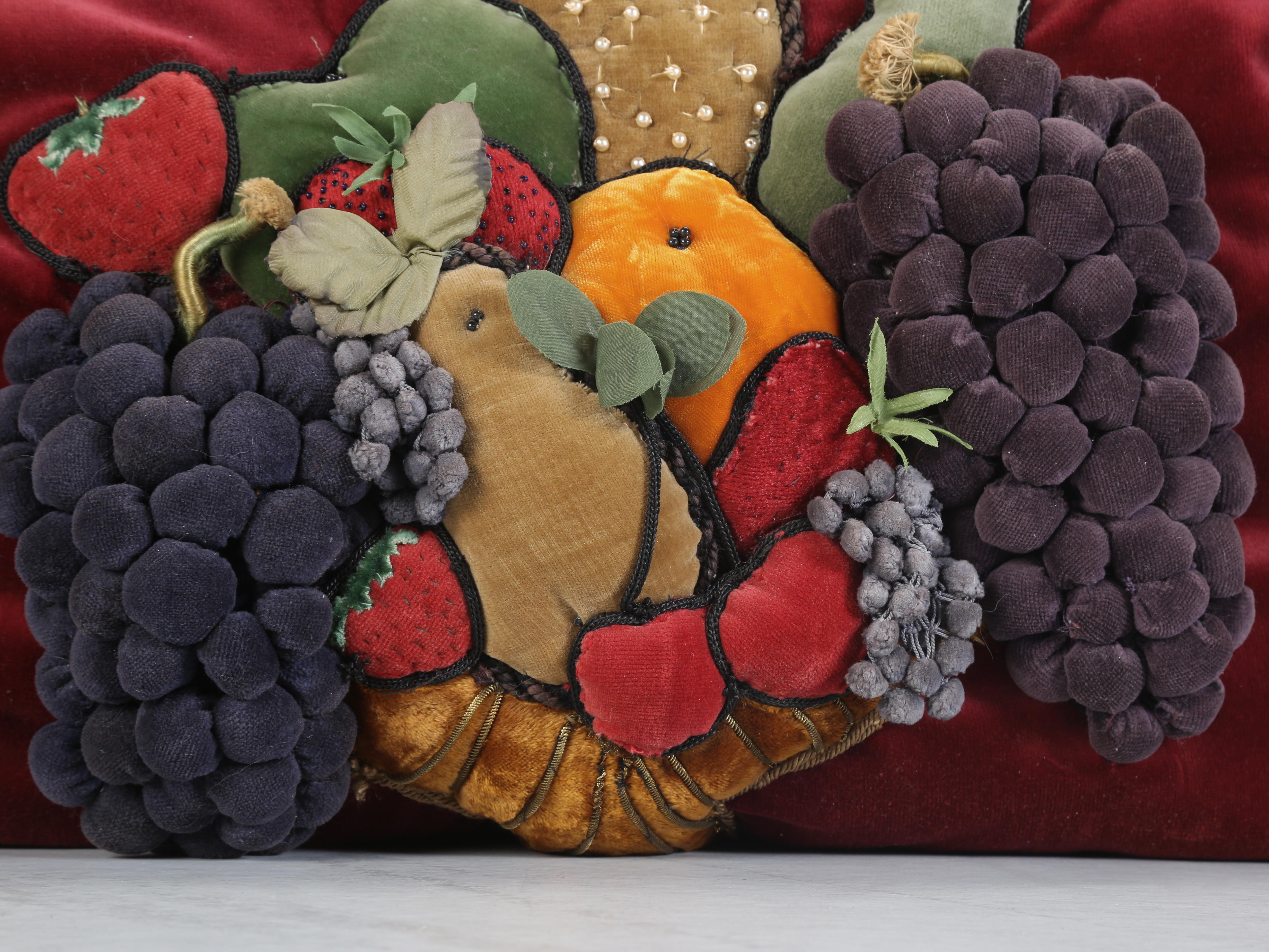 Late 20th Century Vintage Velvet Fruit Motif Pillow Hand-Made in England For Sale