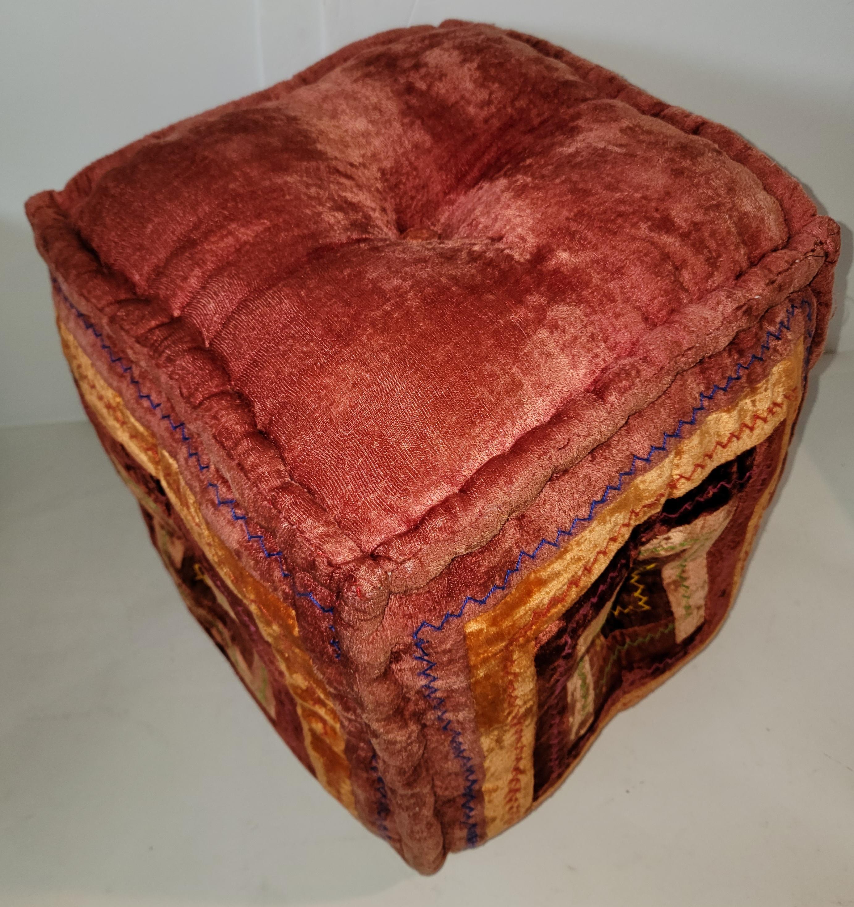 Vintage Velvet Log Cabin Ottoman In Good Condition For Sale In Los Angeles, CA