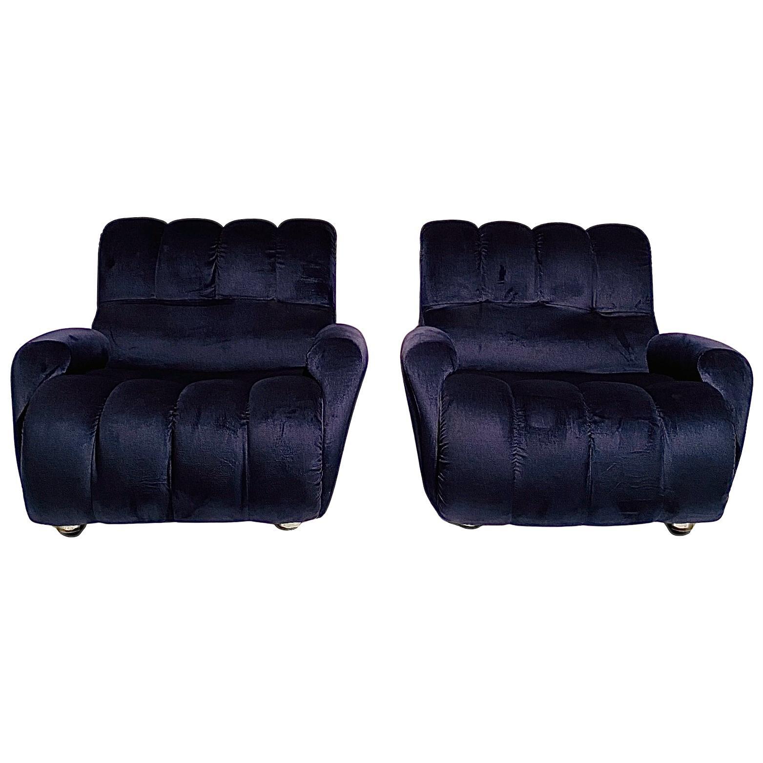 Midcentury Modern Blue Velvet Armchairs, Set of Two, Italy 1980s For Sale