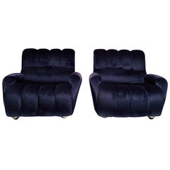 Vintage Midcentury Modern Blue Velvet Armchairs, Set of Two, Italy 1980s