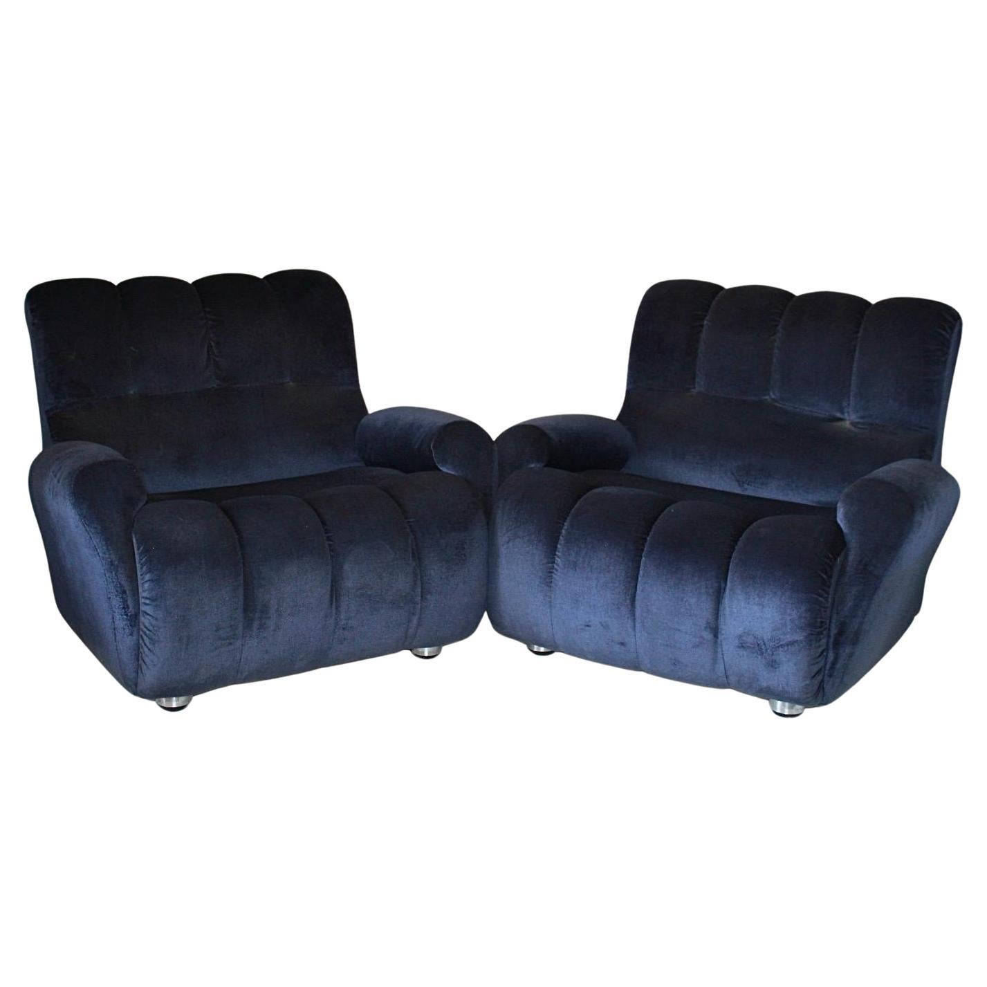 Italian Midcentury Modern Blue Velvet Armchairs, Set of Two, Italy 1980s For Sale