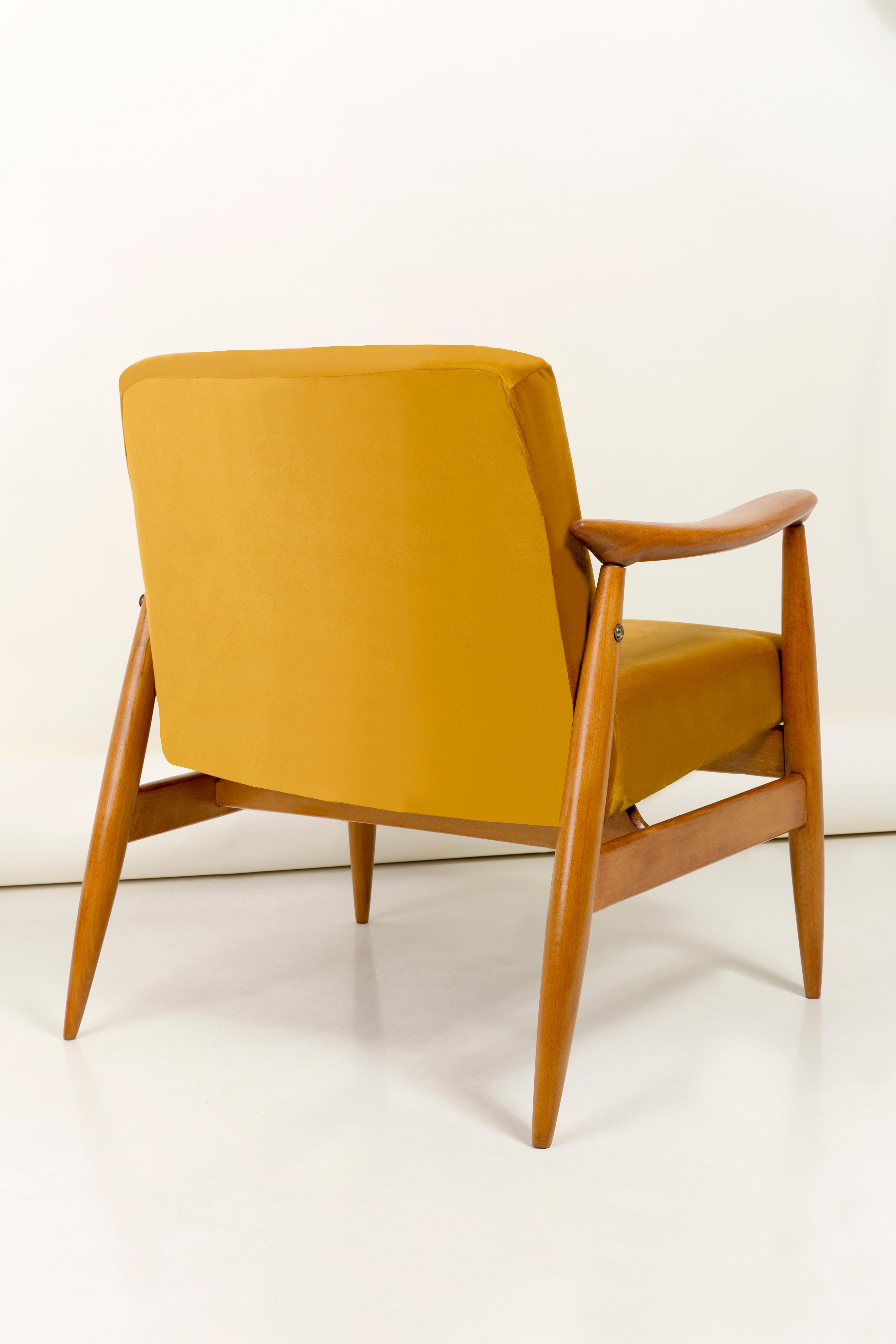 Polish Vintage Velvet Mustard Yellow Pantone Armchair, 1960s For Sale