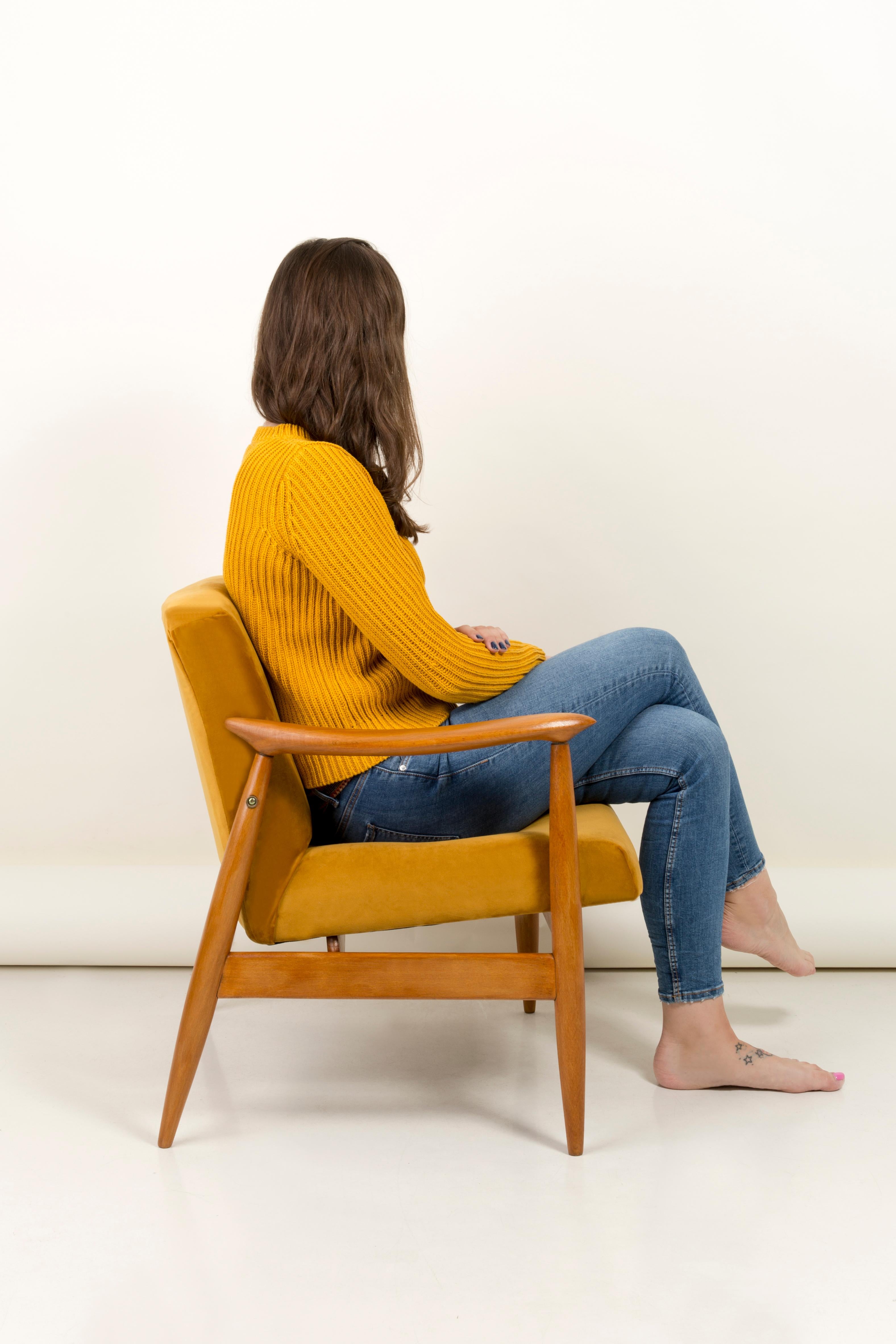 Hand-Crafted Vintage Velvet Mustard Yellow Pantone Armchair, 1960s For Sale
