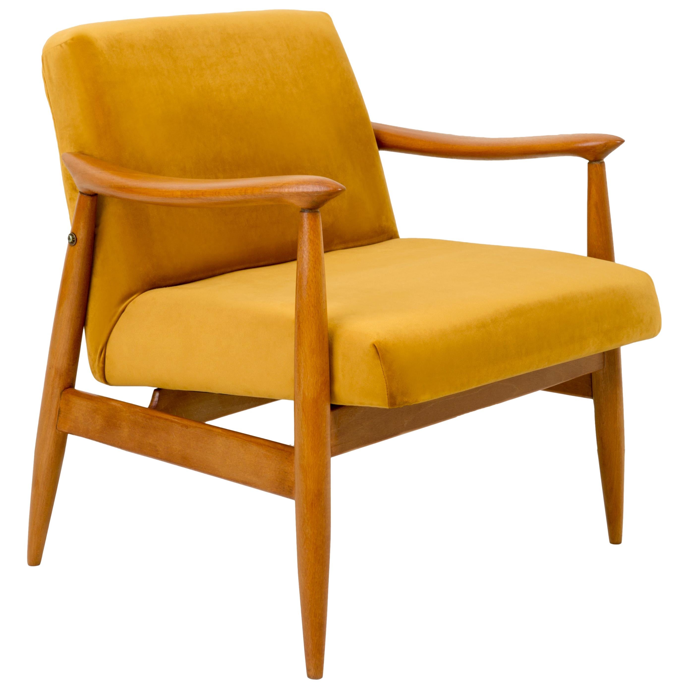 Vintage Velvet Mustard Yellow Pantone Armchair, 1960s For Sale