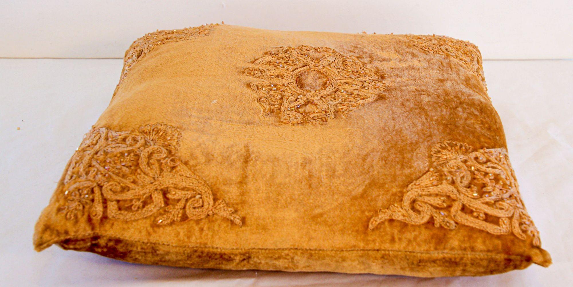 Vintage Velvet Pillow Tan and Gold Color Embroidered in Moorish Designs 4