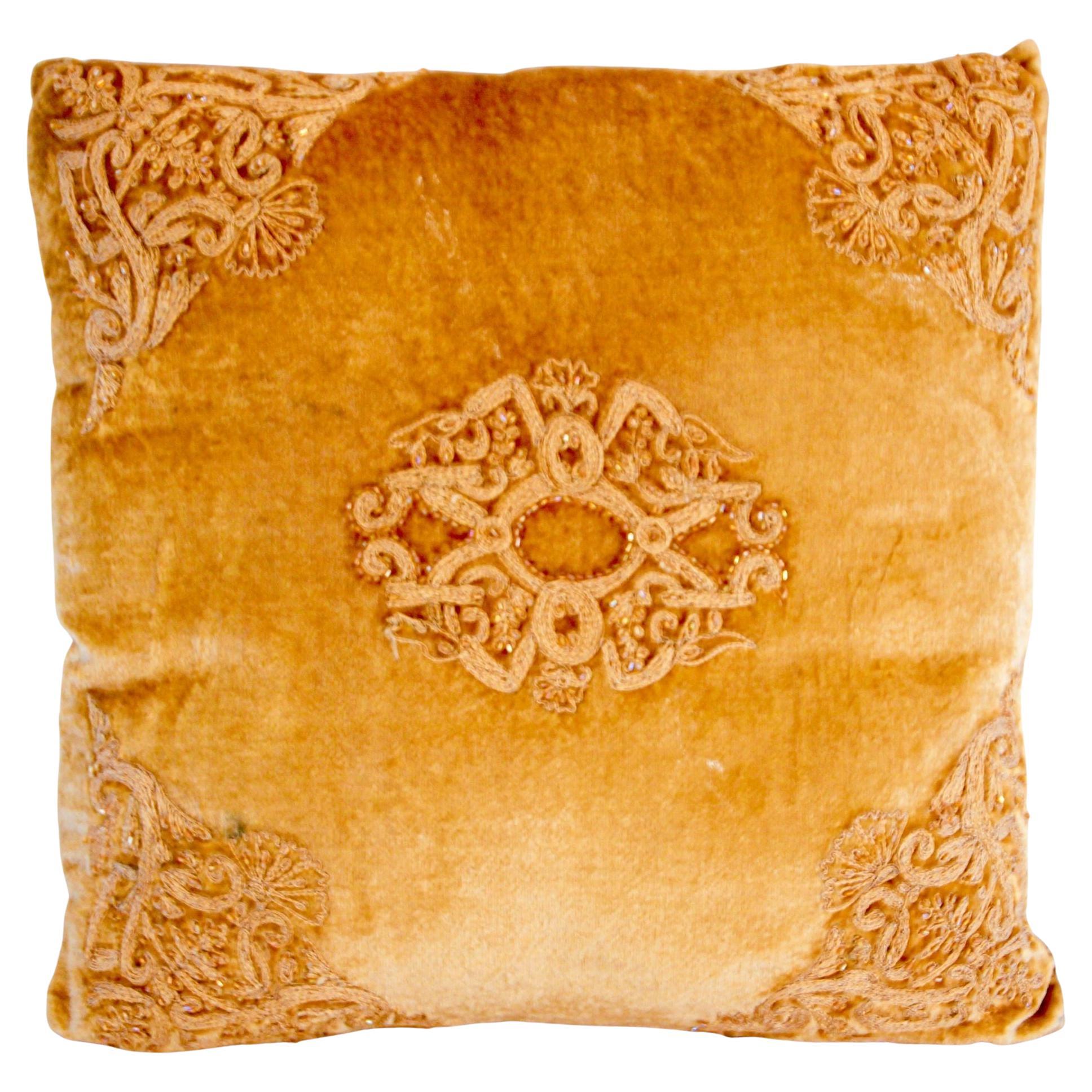 Vintage Velvet Pillow Tan and Gold Color Embroidered in Moorish Designs