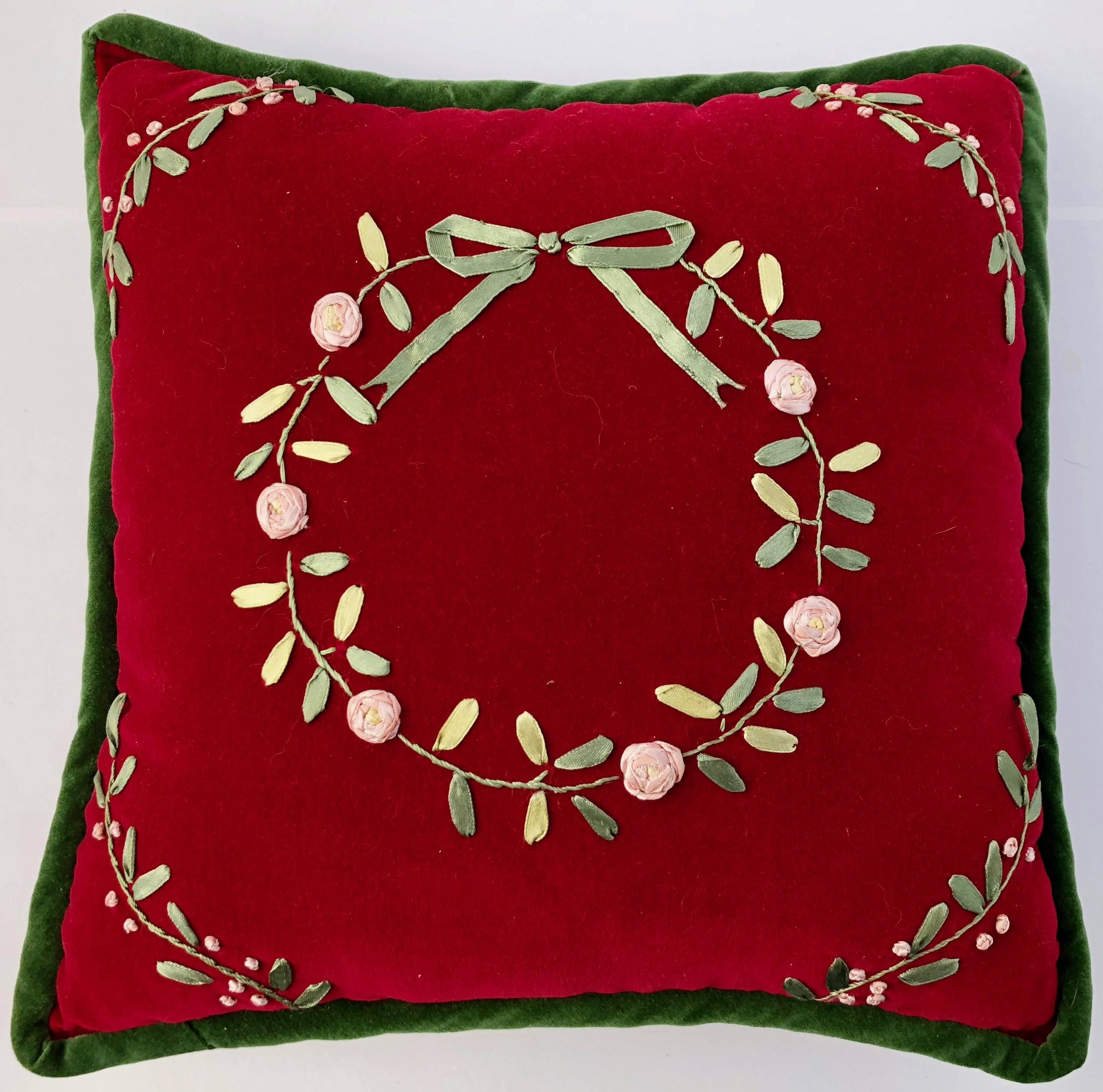 American Craftsman Vintage Velvet Ribbon Art Pillows, Floral, Heart and Wreath Designs, Set of Five For Sale