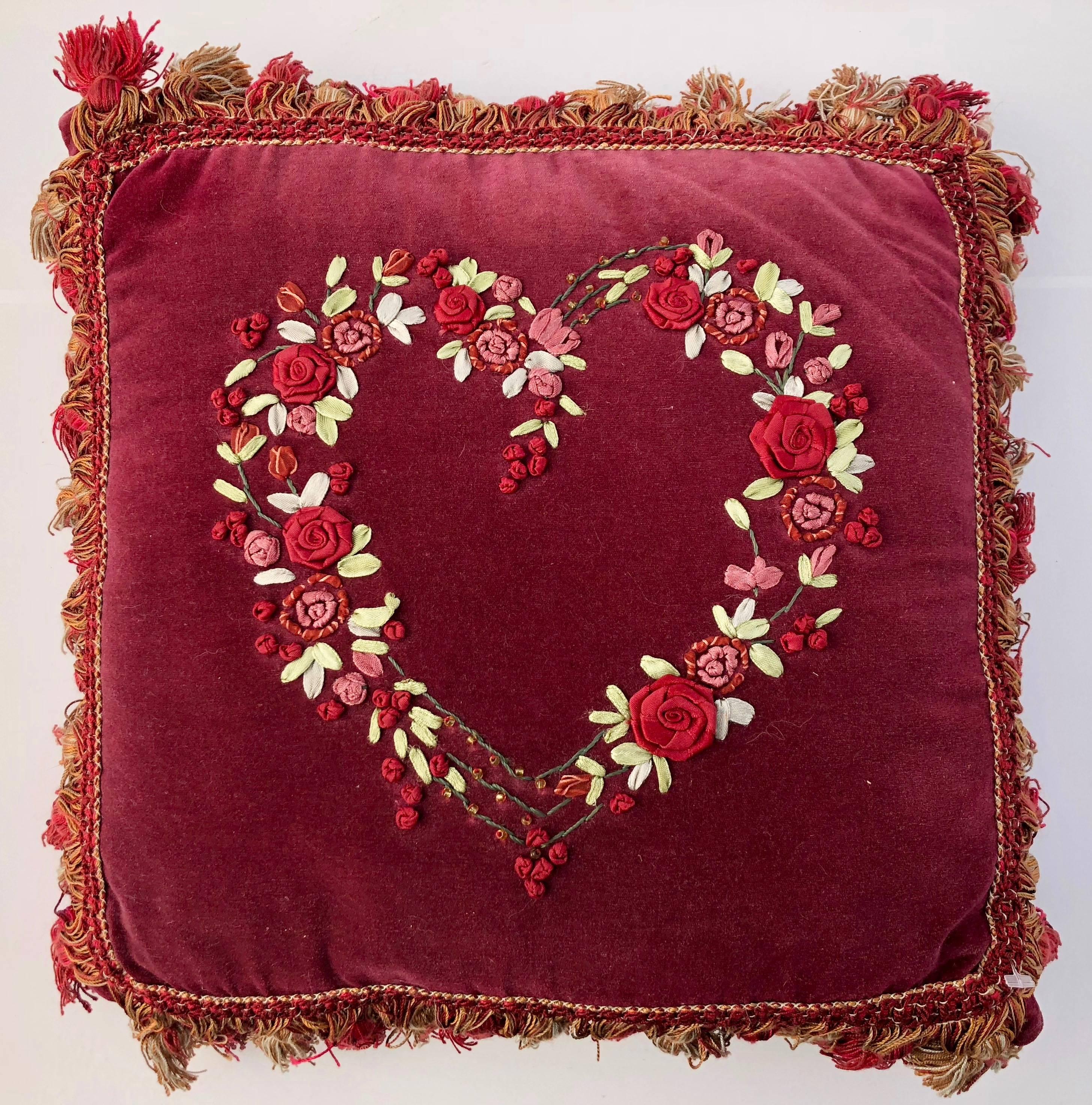 North American Vintage Velvet Ribbon Art Pillows, Floral, Heart and Wreath Designs, Set of Five For Sale