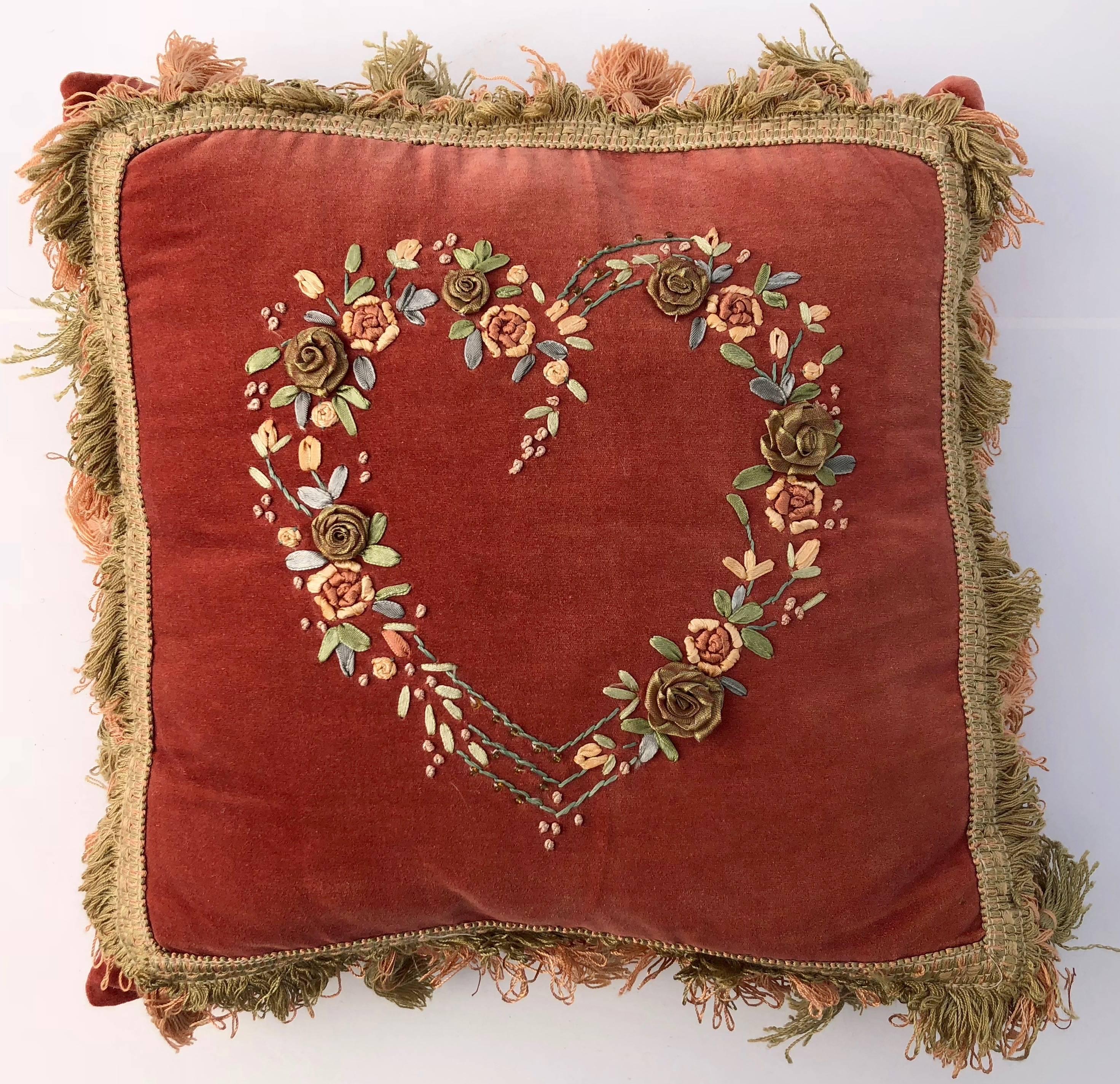 Embroidered Vintage Velvet Ribbon Art Pillows, Floral, Heart and Wreath Designs, Set of Five For Sale