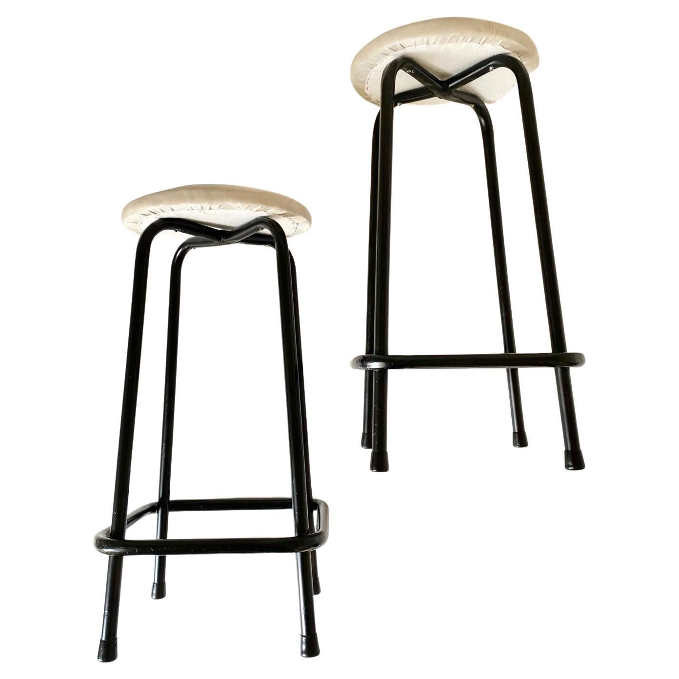 Italian Midcentury Modern Industrial Iron and Velvet Stools, Set of Two, Italy 1960s For Sale