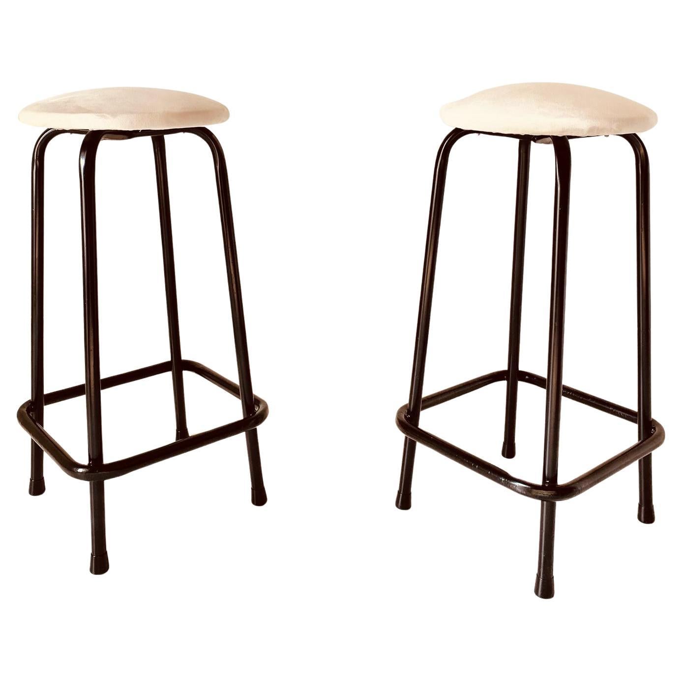 Mid-Century Modern Midcentury Modern Industrial Iron and Velvet Stools, Set of Two, Italy 1960s For Sale