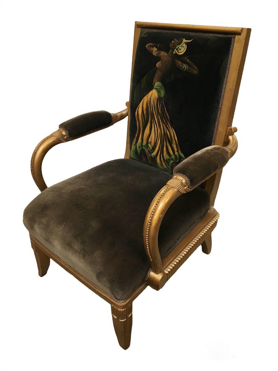 American Vintage Velvet Upholstered Gorgeous Armchair with a Painted Dancer on the Back For Sale
