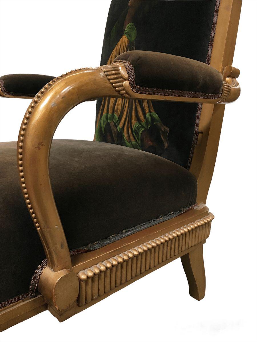 Vintage Velvet Upholstered Gorgeous Armchair with a Painted Dancer on the Back In Excellent Condition For Sale In Van Nuys, CA