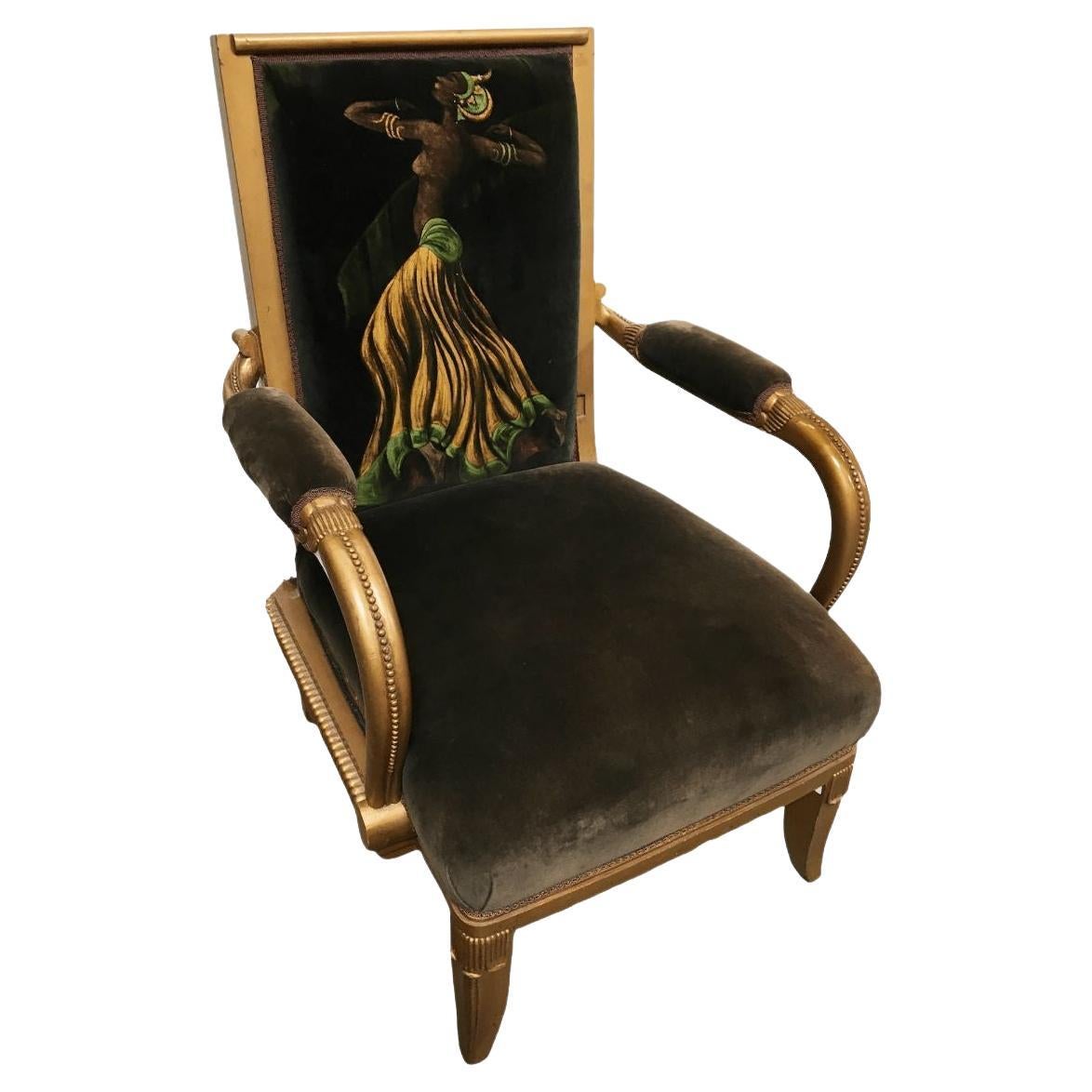 Vintage Velvet Upholstered Gorgeous Armchair with a Painted Dancer on the Back For Sale