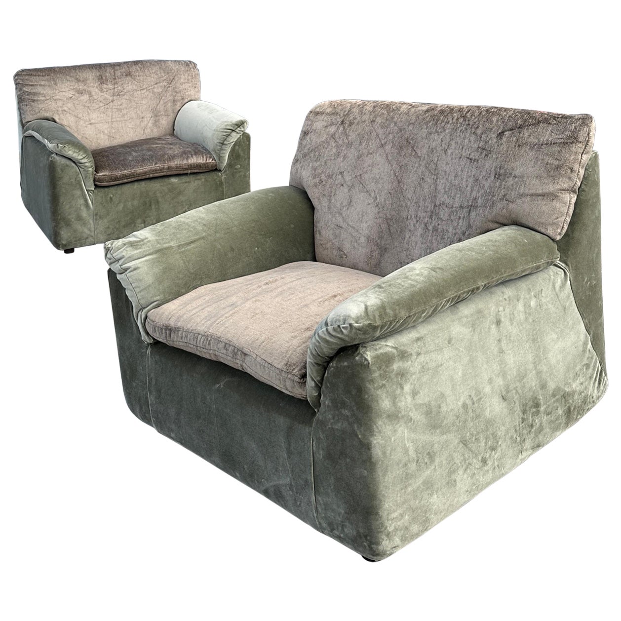 Sedie lounge in velluto vintage a seduta larga in stile Ligne Roset