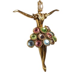Vintage Vendome Ballerina Brooch Pastel Faceted Stones, Gold Tone