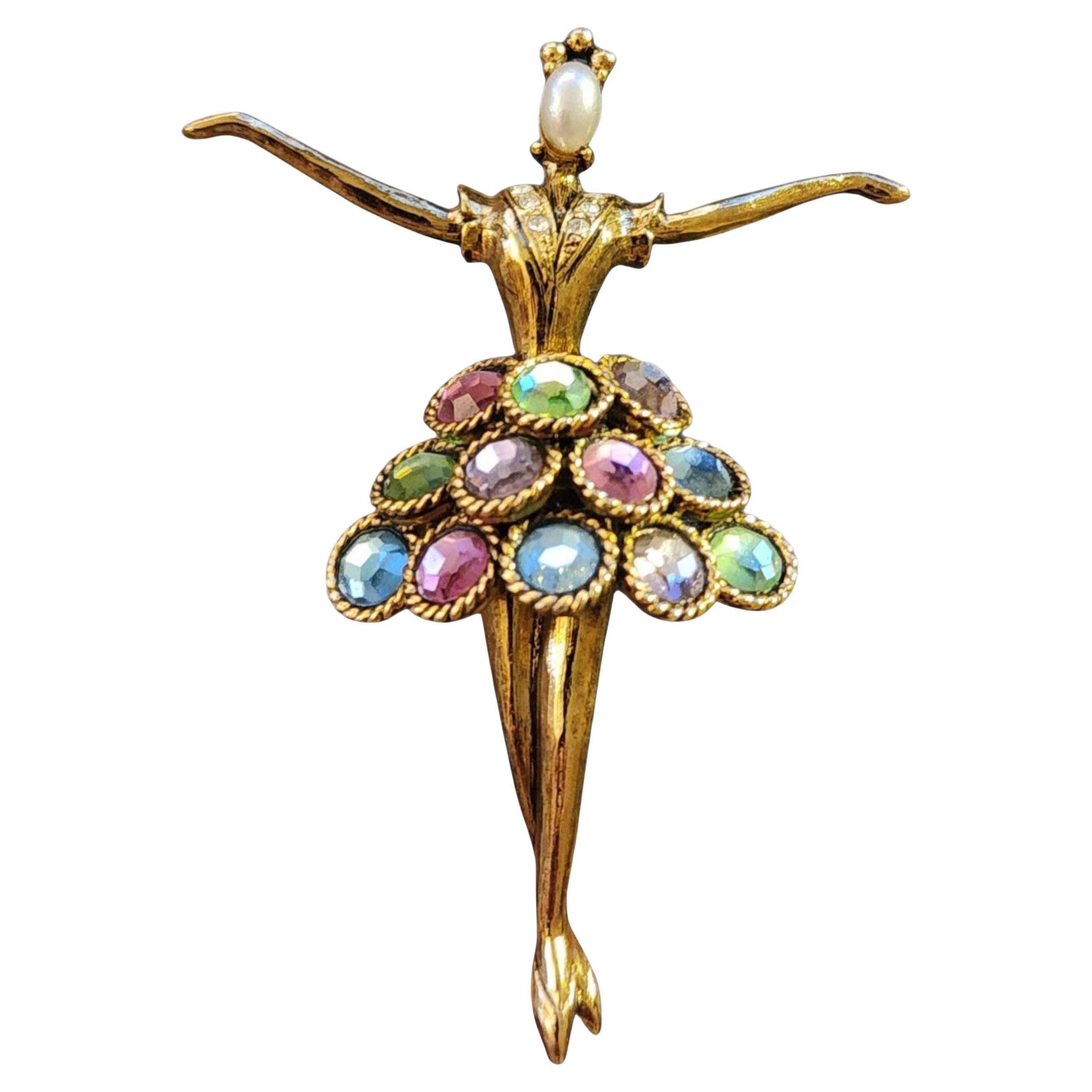 Vintage Vendome Ballerina Brooch Pastel Faceted Stones, Gold Tone