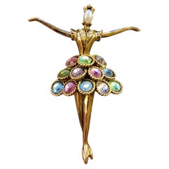Vintage Vendome Ballerina Brooch Pastel Faceted Stones, Gold Tone