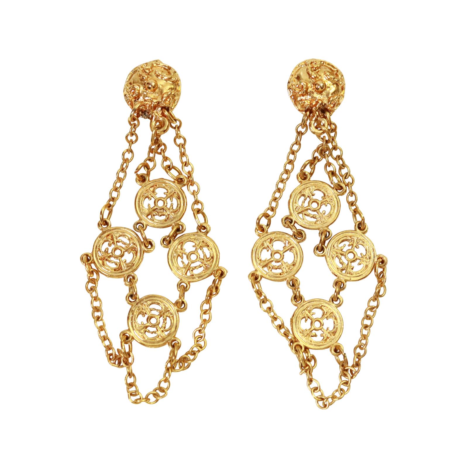 Vintage Vendome Dangling Coin Earrings, circa 1980s. These are a chandelier look but in gold tone.  They look very substantial but are light and easy to wear.  Clip on. These look so fabulous on and it is hard to describe.  It is as if they come
