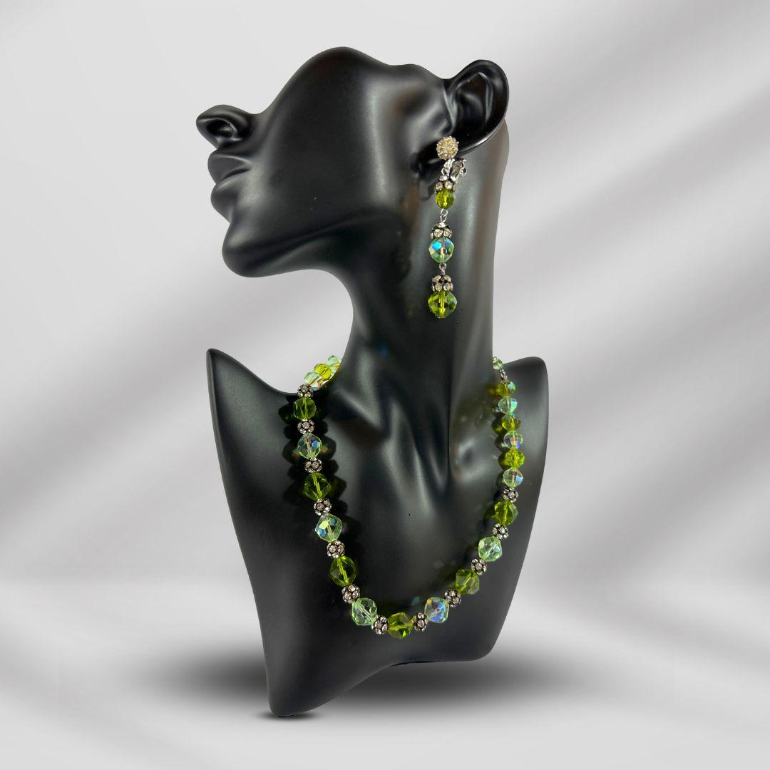 Art Deco Vintage Vendome Green Glass & Rhinestone Necklace & Earrings Set For Sale