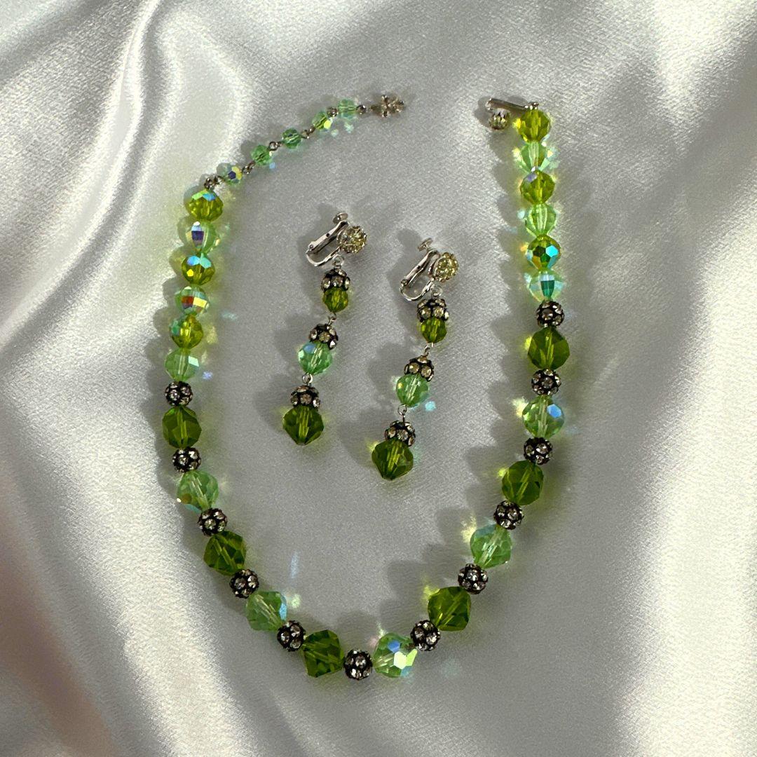 Vintage Vendome Green Glass & Rhinestone Necklace & Earrings Set In Excellent Condition For Sale In Jacksonville, FL