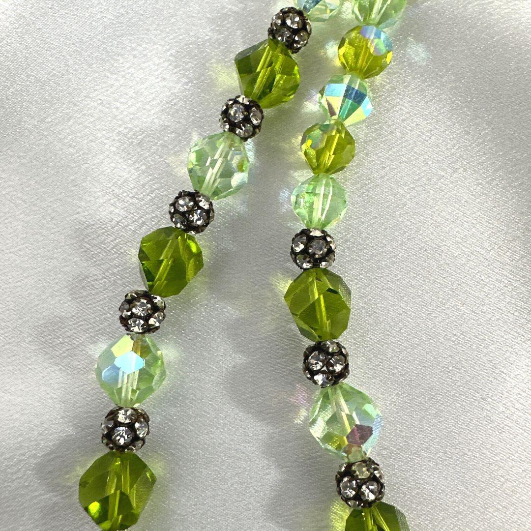 Women's or Men's Vintage Vendome Green Glass & Rhinestone Necklace & Earrings Set For Sale