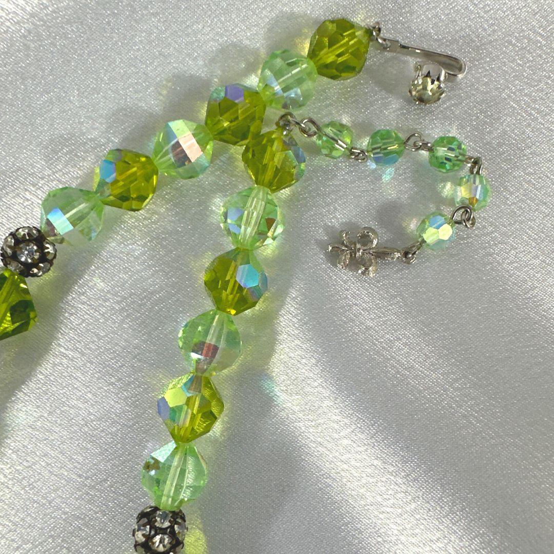 Vintage Vendome Green Glass & Rhinestone Necklace & Earrings Set For Sale 1