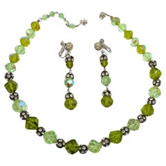 Vintage Vendome Green Glass & Rhinestone Necklace & Earrings Set