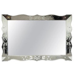 Vintage Venetian Art Deco Scalloped Edge Floral Etched Glass Large Wall Mirror