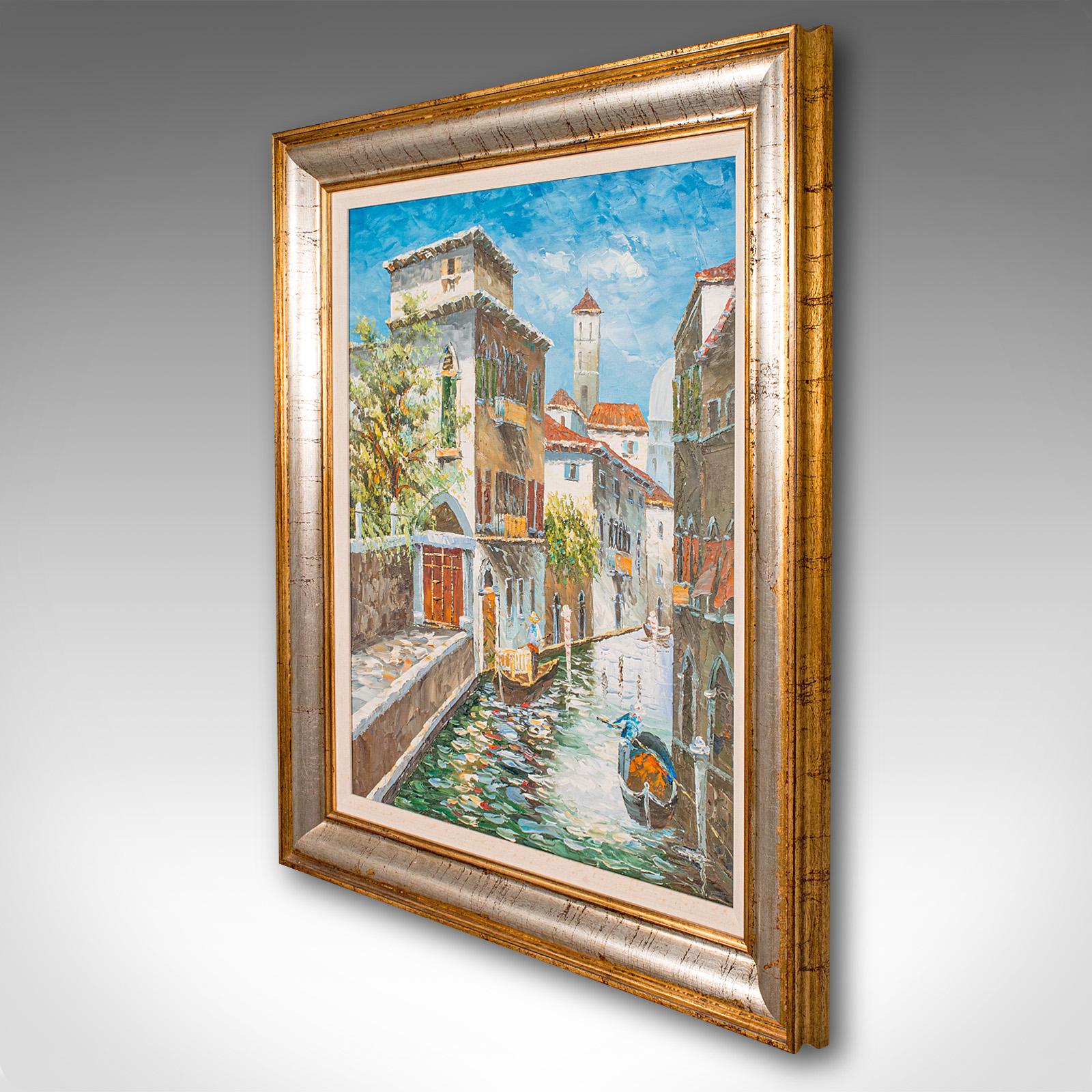 Mid-Century Modern Peinture de canaux vénitiens vintage, école continentale, huile sur toile, Venise, Art en vente