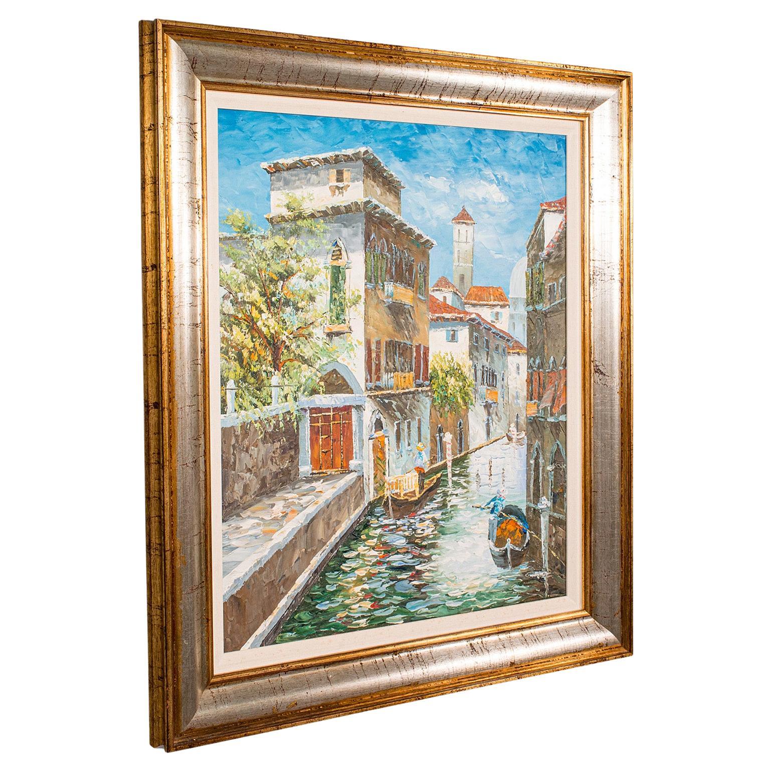 Peinture de canaux vénitiens vintage, école continentale, huile sur toile, Venise, Art en vente