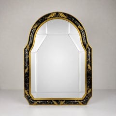 Vintage Venetian Chinoiserie Wall Mirror, Italy 1950s, Black and Gold Painted
