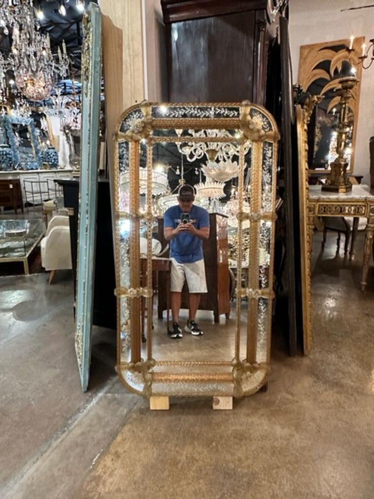 Decorative vintage Venetian etched glass mirror. Featuring gold glass details including flowers with a pretty etched pattern around the border. Fabulous!