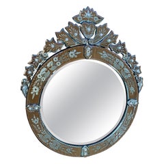 Vintage Venetian Etched Glass Round Wall Mirror