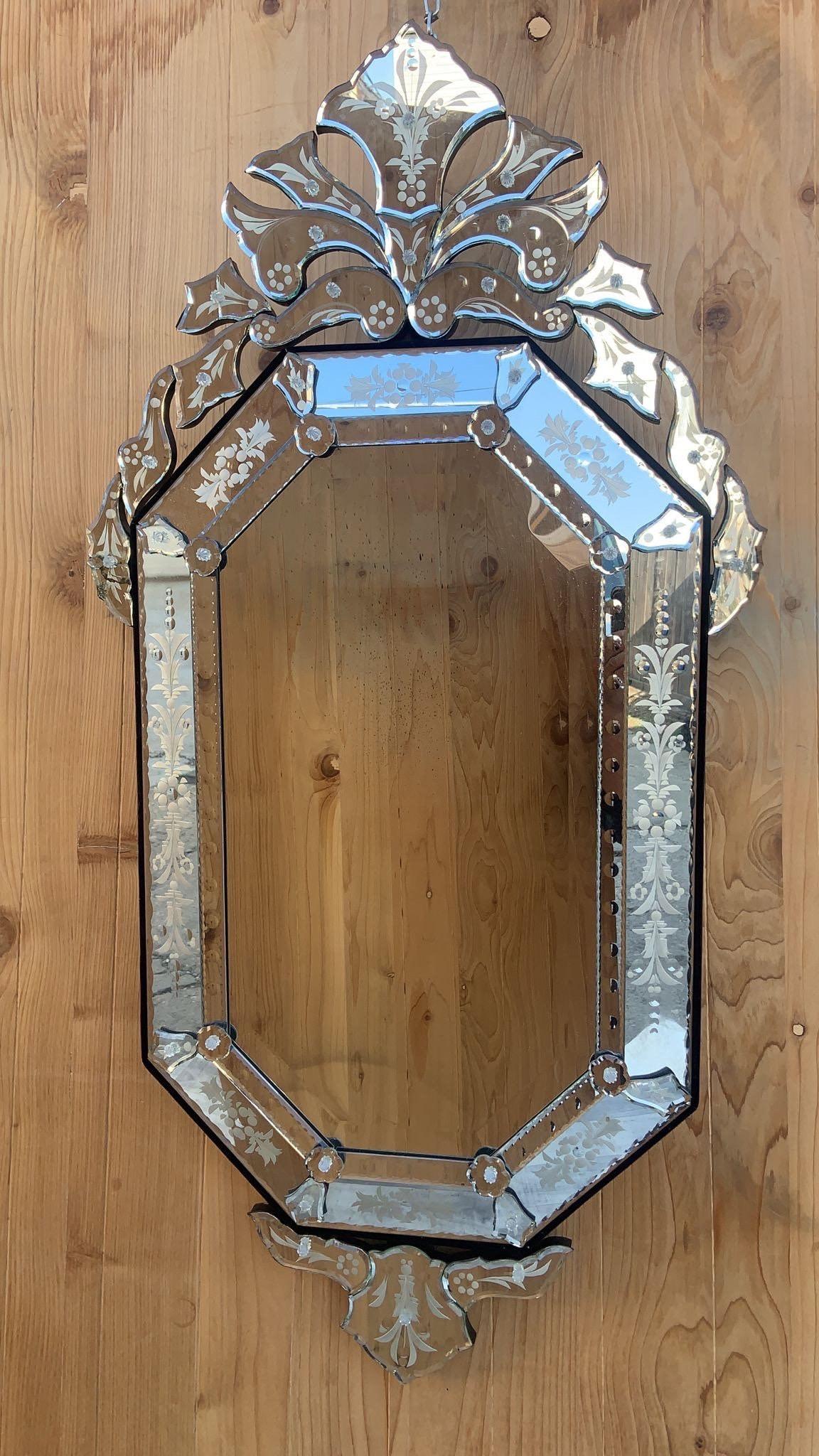 Vintage Venetian Etched Glass Wall Mirror 

A Venetian wall mirror with an elaborately detailed frame, decorated with frosted and convex floral designs.

circa 1940

Dimensions:
H: 48”
W: 21”
D: 1”.