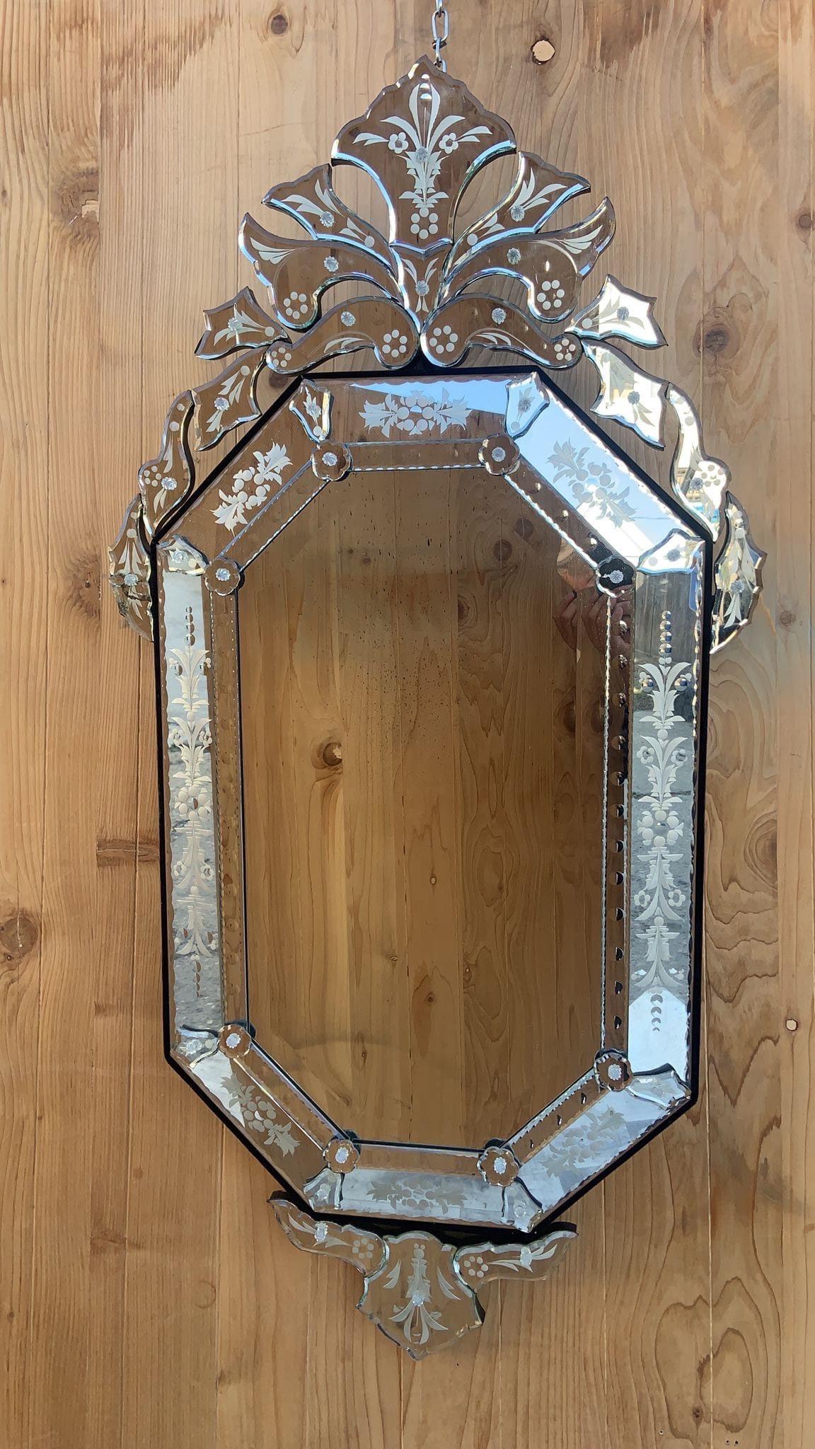 Hand-Crafted Vintage Venetian Etched Glass Wall Mirror  For Sale