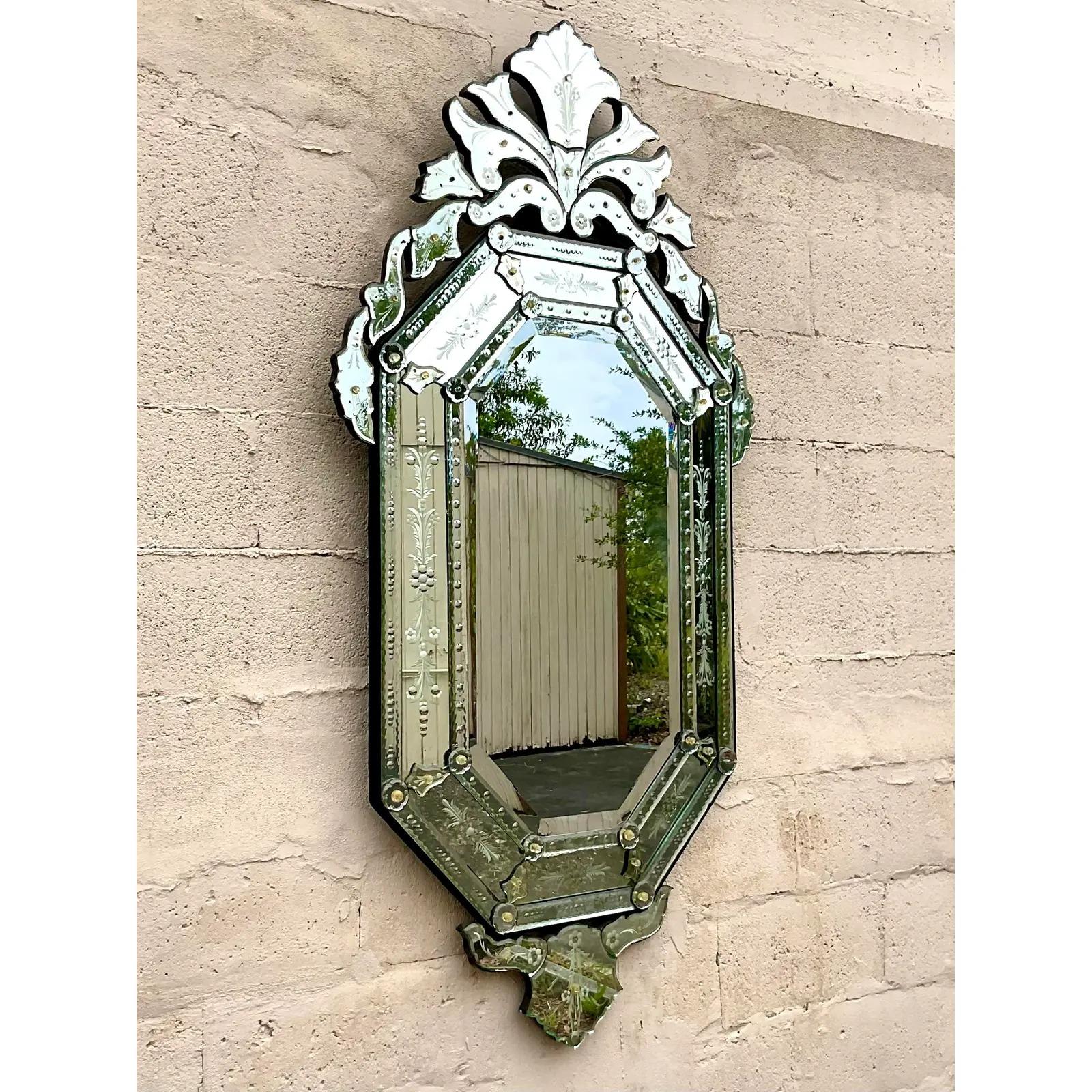 Hollywood Regency Vintage Venetian Etched Glass Wall Mirror For Sale
