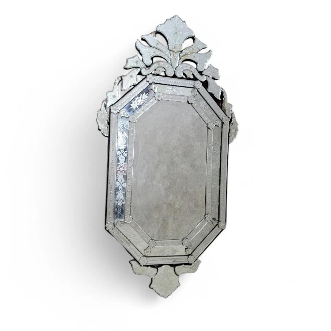 20th Century Vintage Venetian Etched Glass Wall Mirror For Sale