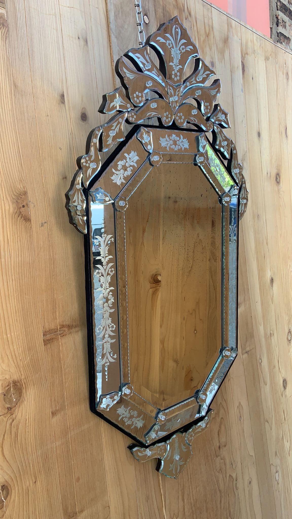 Mid-20th Century Vintage Venetian Etched Glass Wall Mirror  For Sale