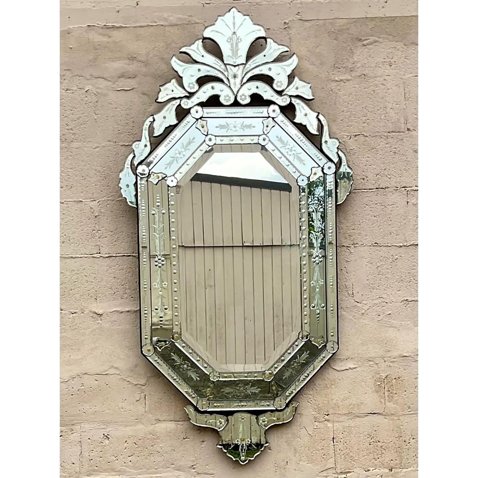 Vintage Venetian Etched Glass Wall Mirror In Good Condition For Sale In west palm beach, FL