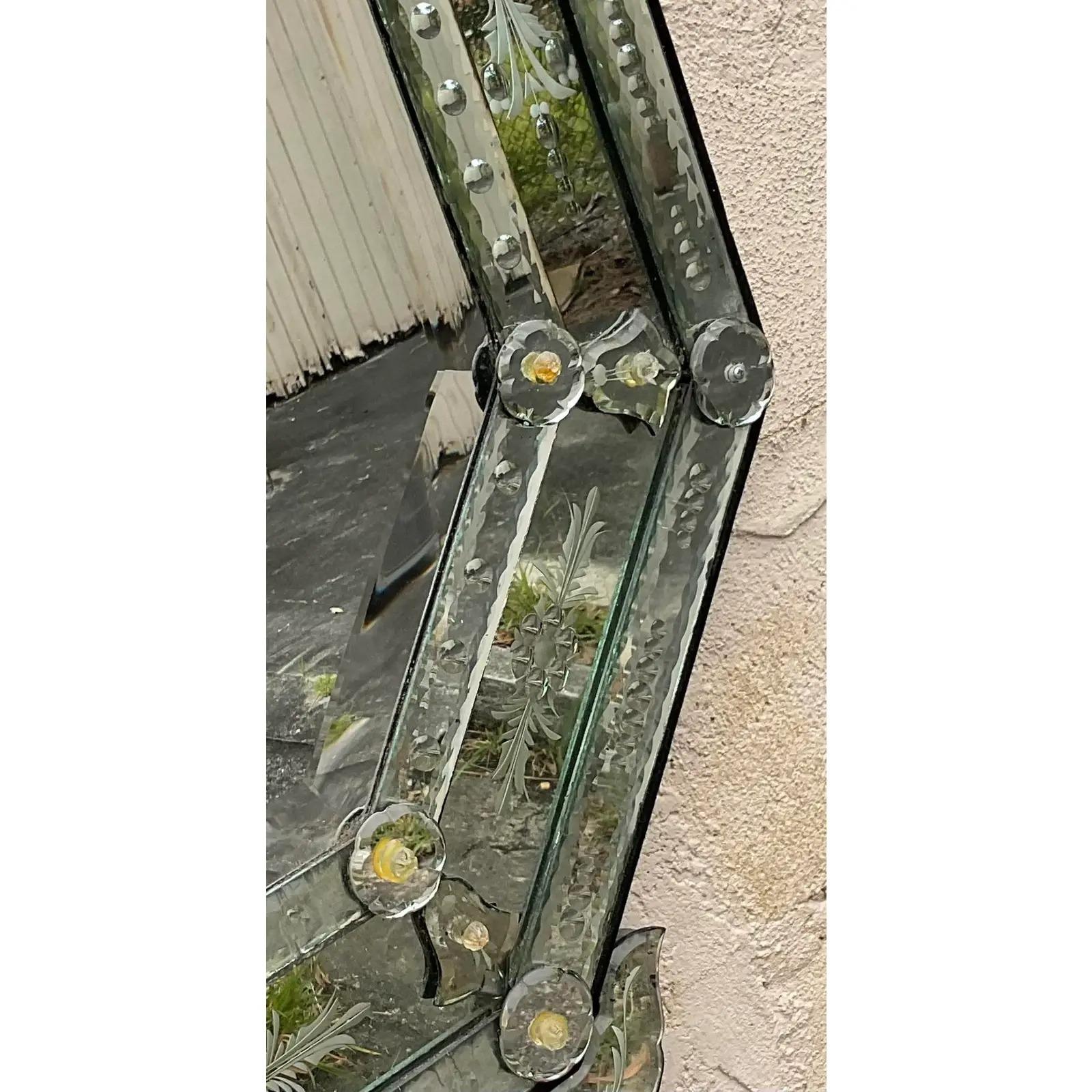 20th Century Vintage Venetian Etched Glass Wall Mirror For Sale
