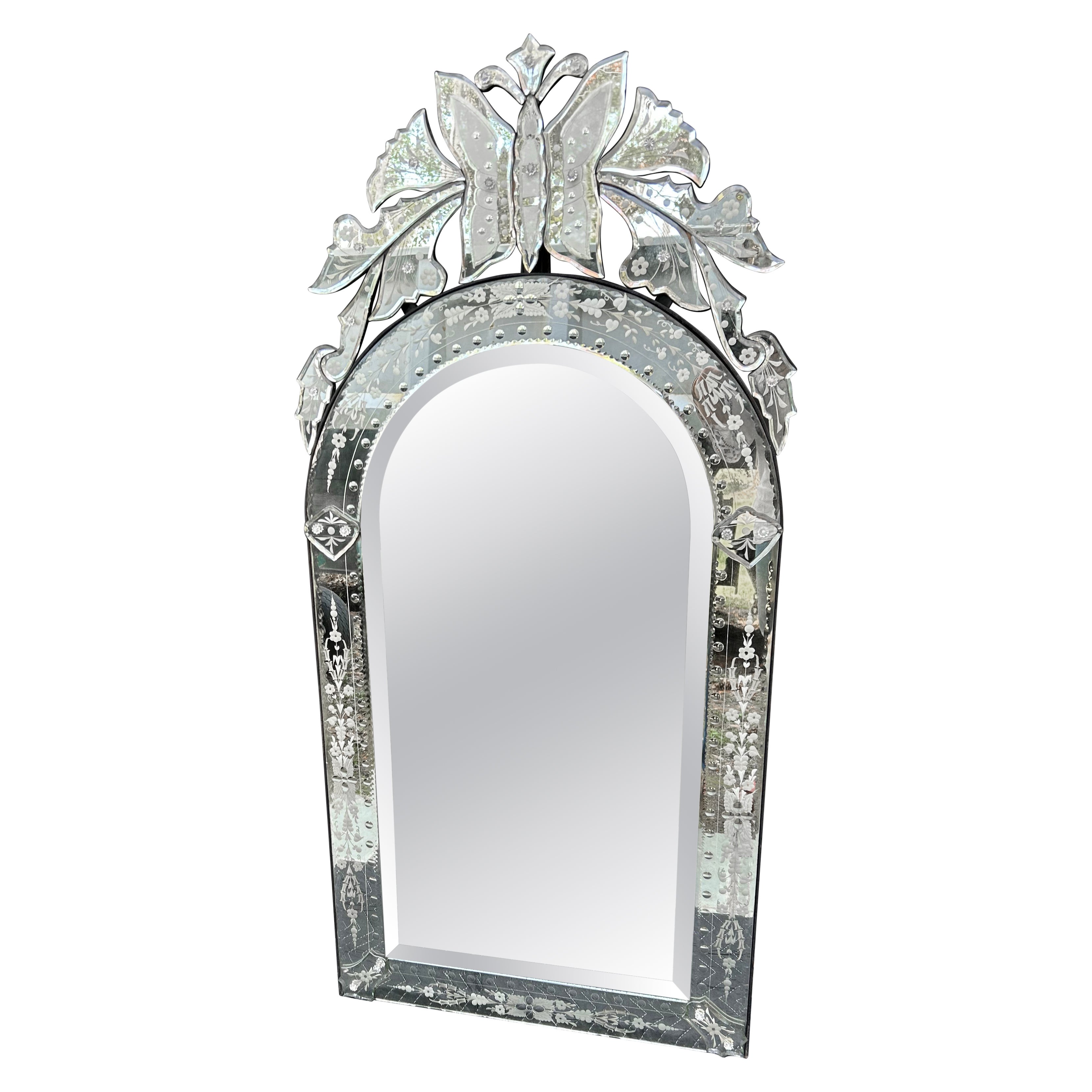 Vintage Venetian Etched Glass Wall Mirror With Butterfly Motif Ornate & Elegant
