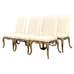 Vintage Venetian Gilded Hand Carved High Back Dining Chairs - Set of Six