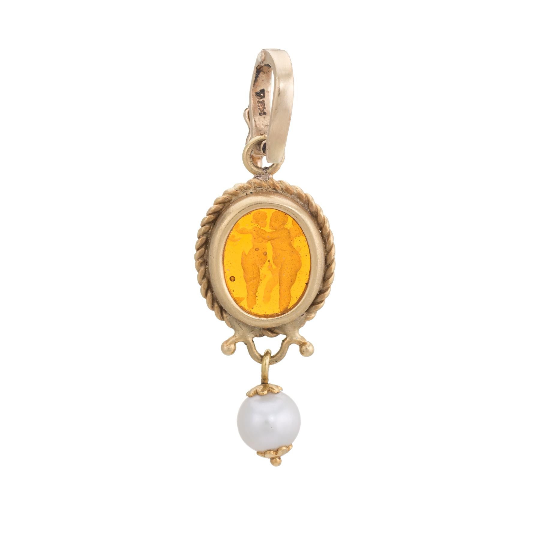 Women's Vintage Venetian Glass Cherub Pendant 14 Karat Gold Cultured Pearl Jewelry