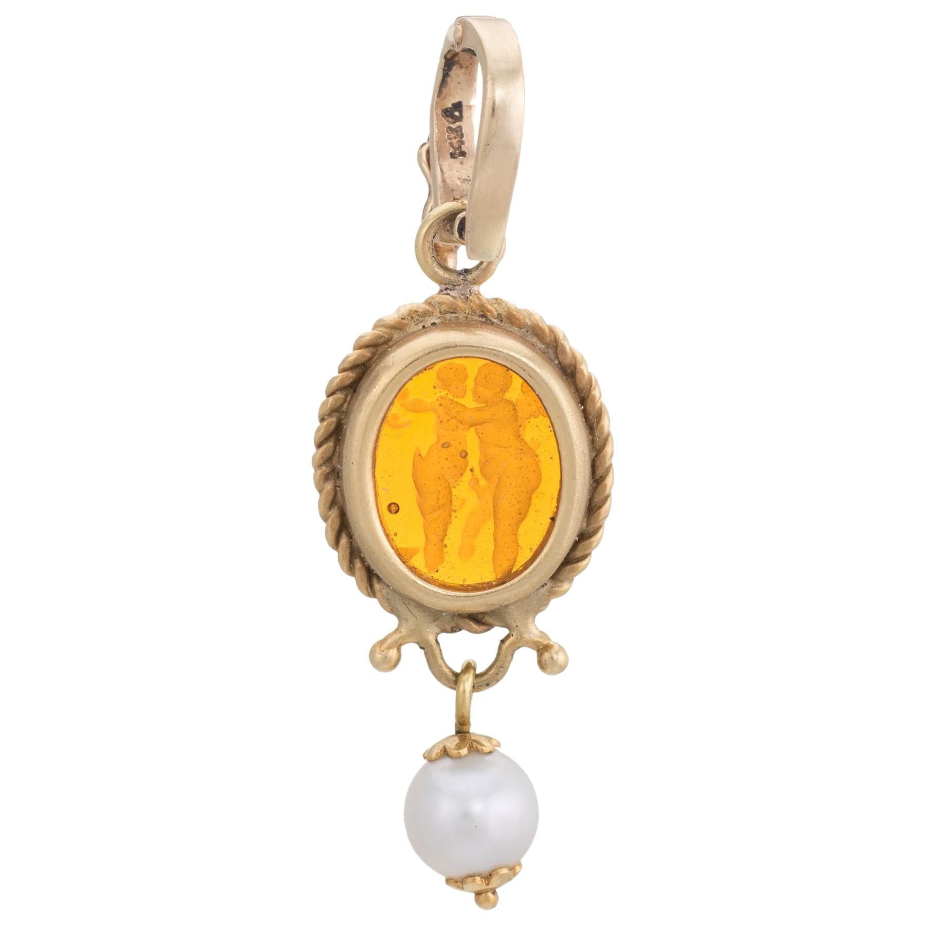 Vintage Venetian Glass Cherub Pendant 14 Karat Gold Cultured Pearl Jewelry