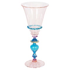 Vintage Venetian Glass Goblet in Blue and Pink with Gold Flecks, Circa 1970s